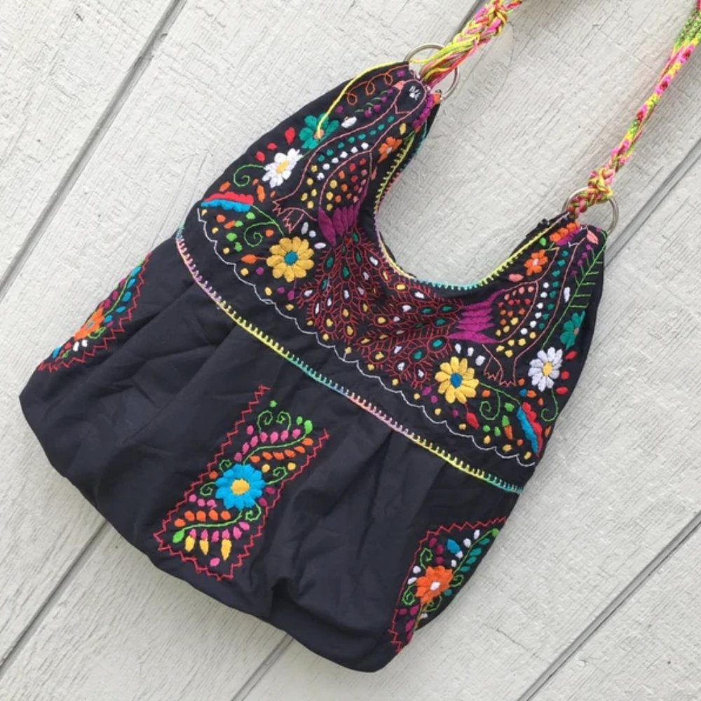 Handmade Floral Embroidered Mexican Satchel Morral Bag - Bolsa Bordada Mexicana